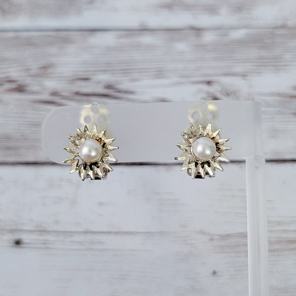 Vintage Clip On Earrings Gold Tone Starburst with Faux Pearl
